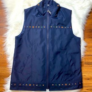 Women Navy Flower Embroidered Waterproof Vest Size L EUC